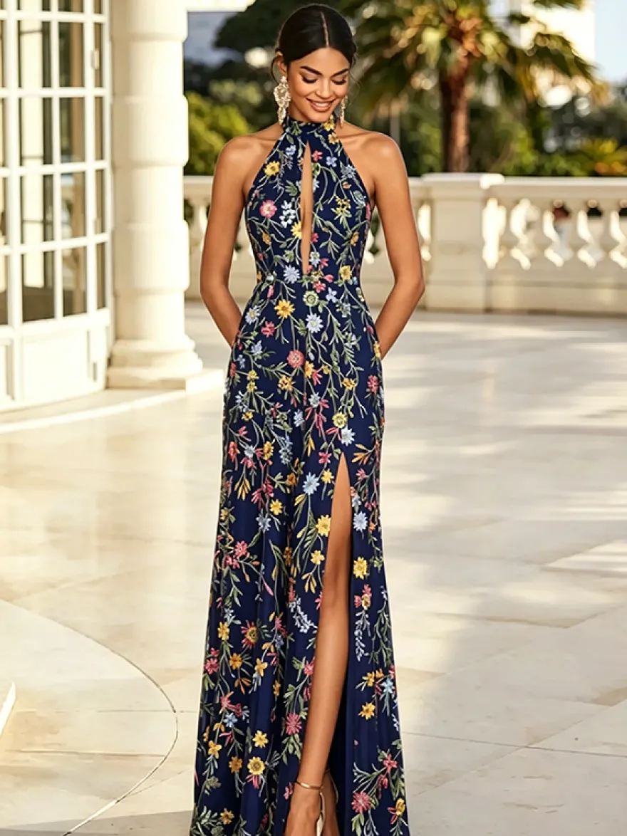 Robe longue de soirée à fleurs brodées en tulle robe maxi dos nu à décolleté en V et fente haute robe d'invitée de mariage