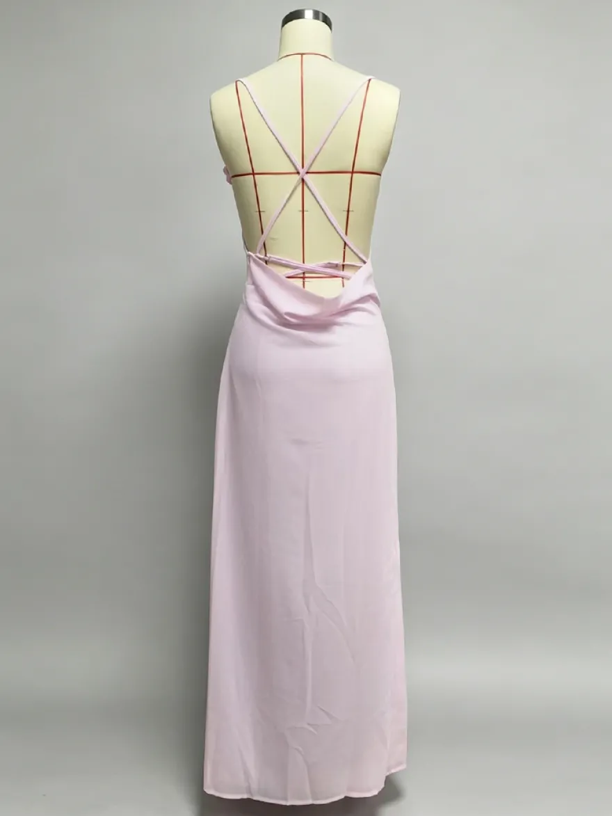 Robe longue dos nu à volants pour femme - Robe sans manches à bretelles et col bénitier ornée d'une fleur 3D - Soirée de gala d'été 2026