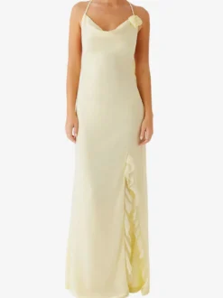 Robe longue dos nu à volants pour femme - Robe sans manches à bretelles et col bénitier ornée d'une fleur 3D - Soirée de gala d'été 2026