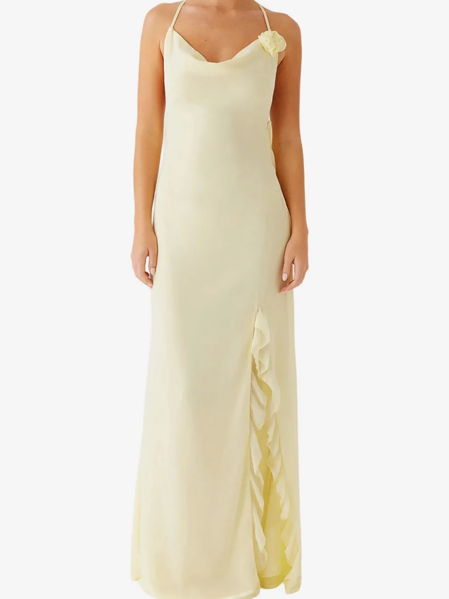 Robe longue dos nu à volants pour femme - Robe sans manches à bretelles et col bénitier ornée d'une fleur 3D - Soirée de gala d'été 2026