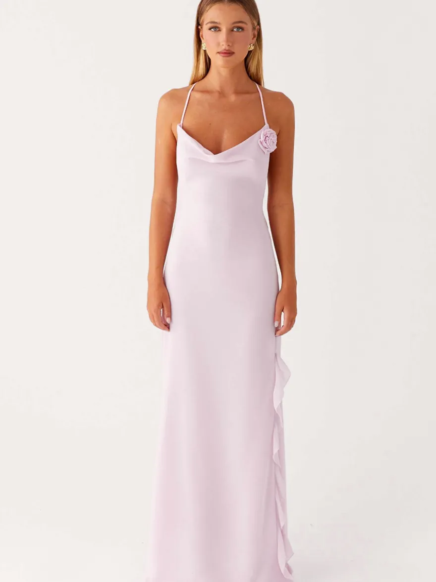 Robe longue dos nu à volants pour femme - Robe sans manches à bretelles et col bénitier ornée d'une fleur 3D - Soirée de gala d'été 2026