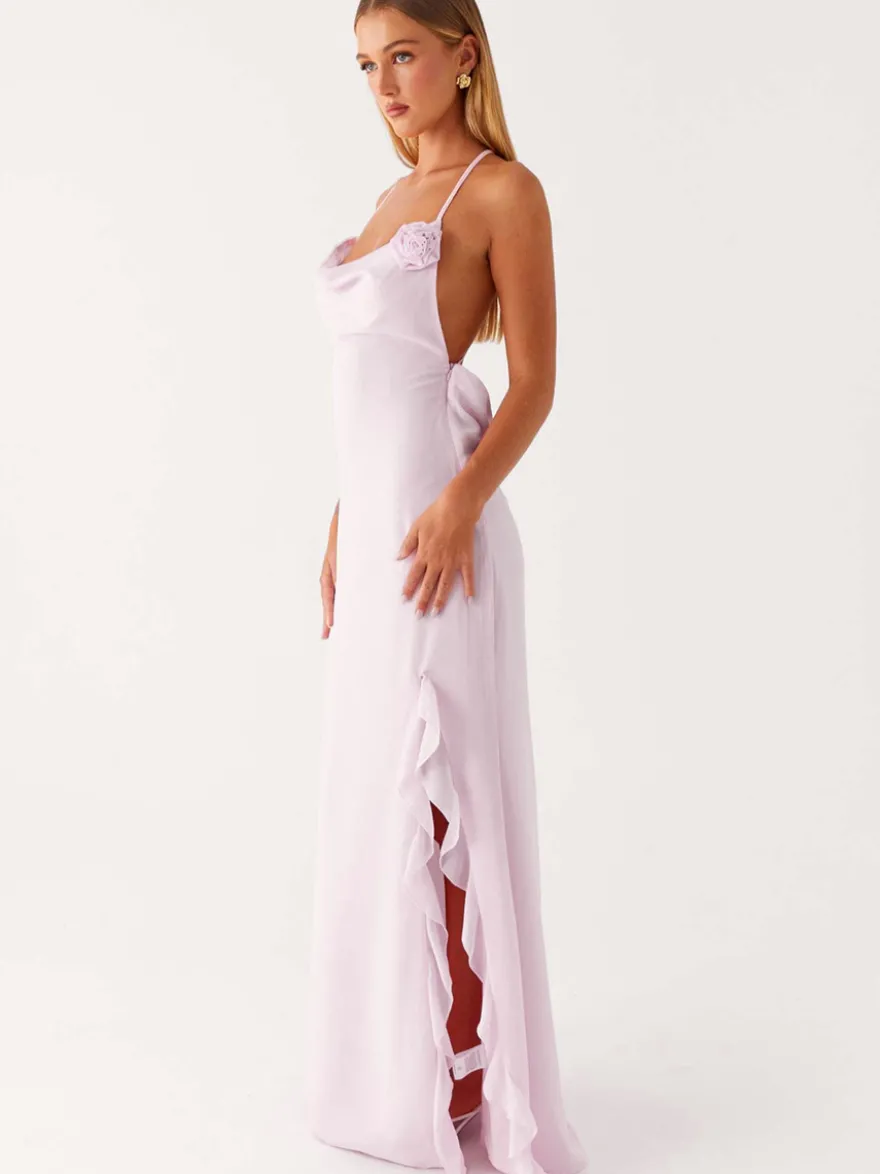 Robe longue dos nu à volants pour femme - Robe sans manches à bretelles et col bénitier ornée d'une fleur 3D - Soirée de gala d'été 2026