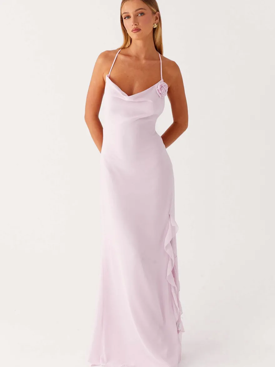 Robe longue dos nu à volants pour femme - Robe sans manches à bretelles et col bénitier ornée d'une fleur 3D - Soirée de gala d'été 2026