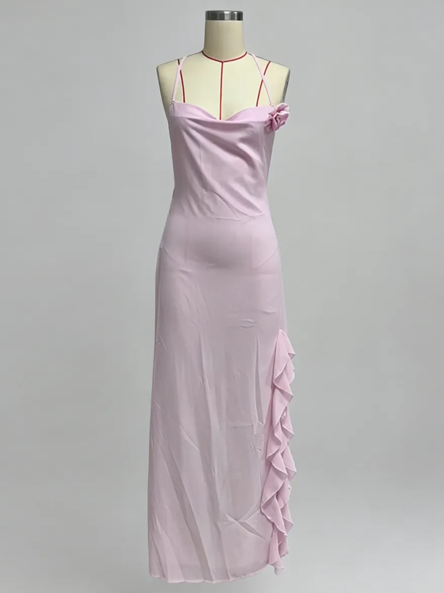 Robe longue dos nu à volants pour femme - Robe sans manches à bretelles et col bénitier ornée d'une fleur 3D - Soirée de gala d'été 2026