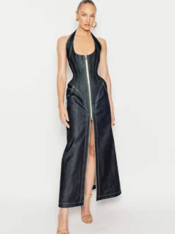 Robe longue en jean bleu sexy à col halter