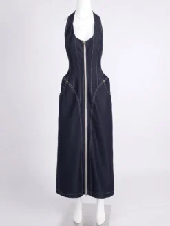 Robe longue en jean bleu sexy à col halter