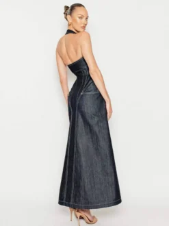 Robe longue en jean bleu sexy à col halter