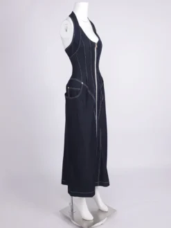 Robe longue en jean bleu sexy à col halter