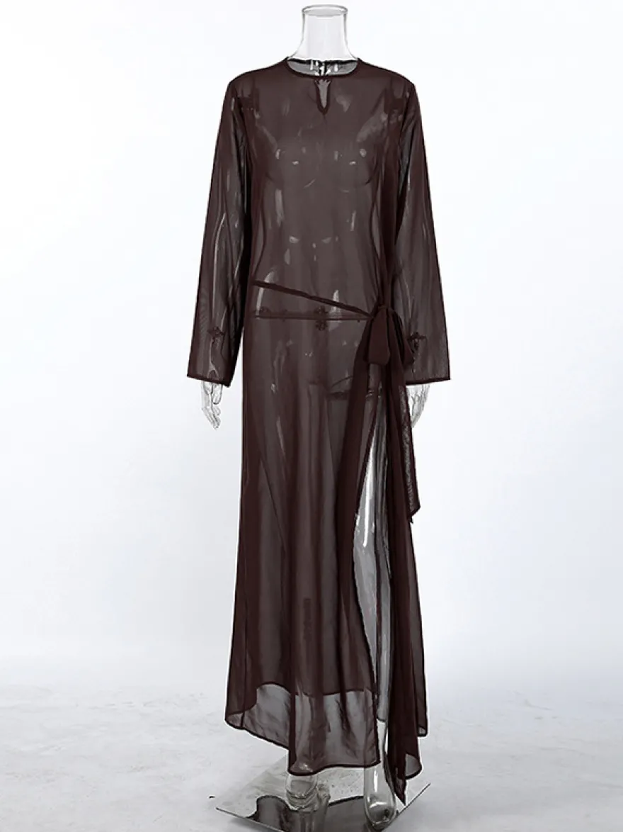 Robe longue en maille transparente à manches longues et fente latérale style cache-maillot pour femme 2026