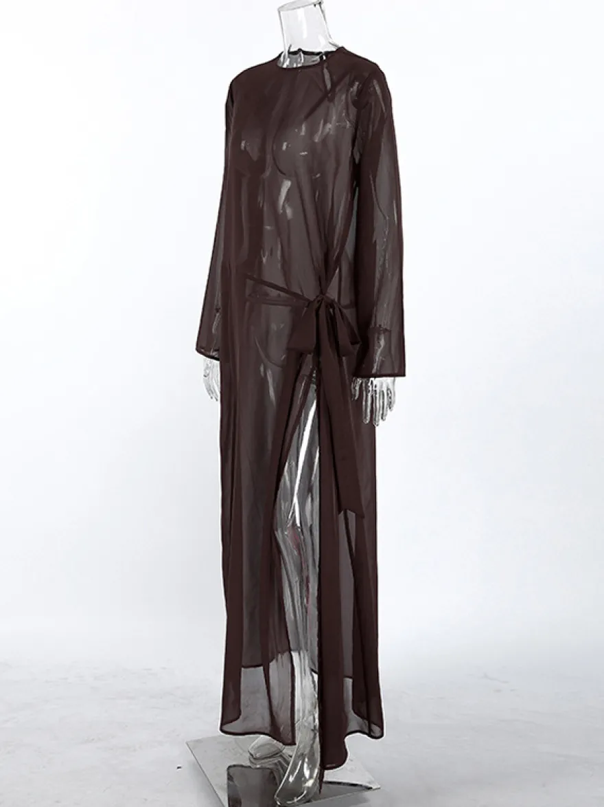 Robe longue en maille transparente à manches longues et fente latérale style cache-maillot pour femme 2026