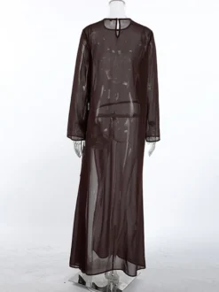 Robe longue en maille transparente à manches longues et fente latérale style cache-maillot pour femme 2026