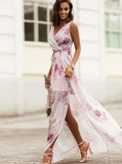 Robe longue en mousseline à fleurs pour femme - Robe fluide à col V et fente haute style portefeuille idéale pour une soirée romantique ou un mariage d'été dans un jardin (collection 2026)