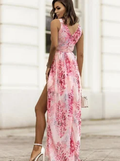 Robe longue en mousseline à fleurs pour femme - Robe fluide à col V et fente haute style portefeuille idéale pour une soirée romantique ou un mariage d'été dans un jardin (collection 2026)