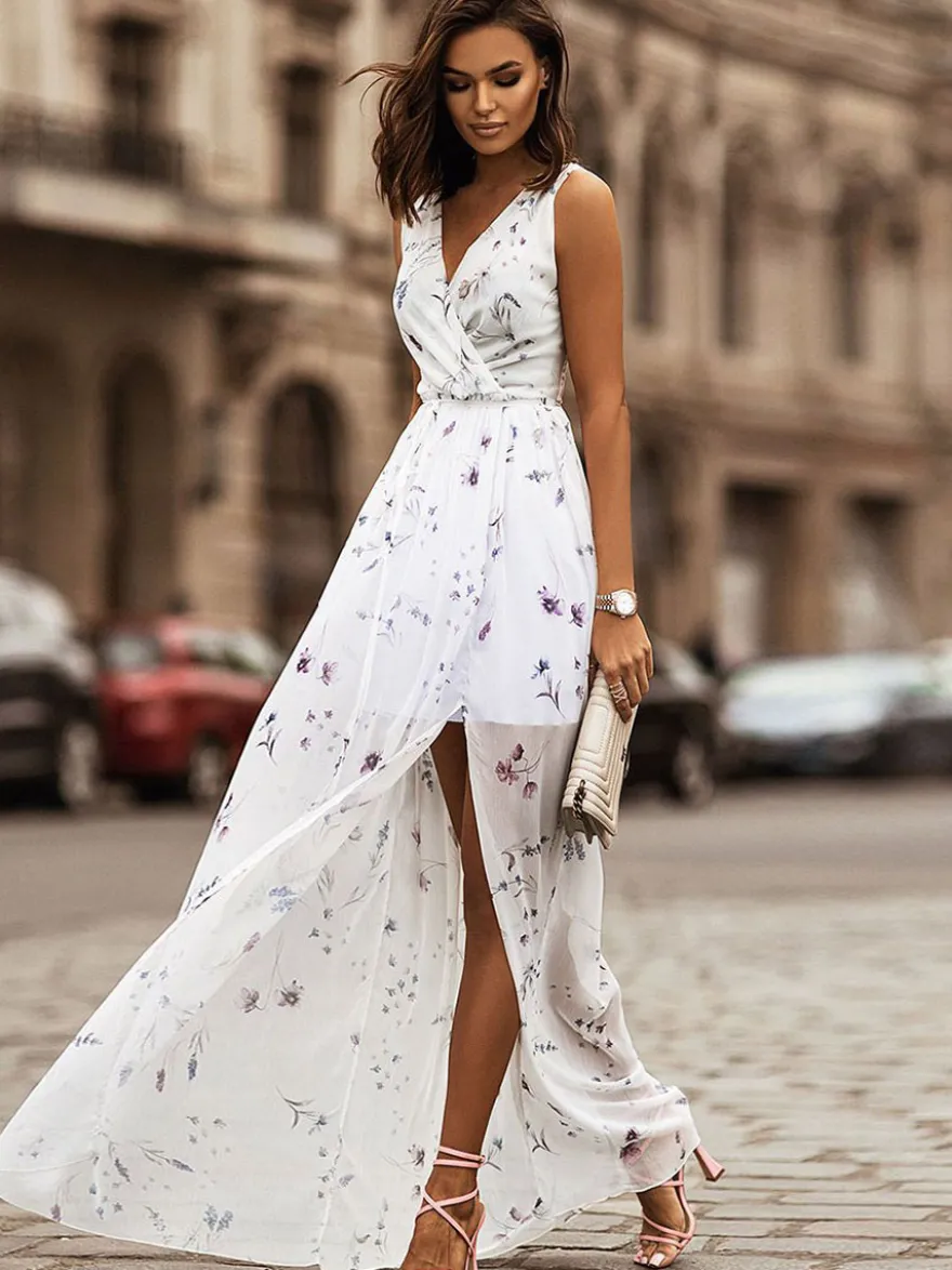 Robe longue en mousseline à fleurs pour femme - Robe fluide à col V et fente haute style portefeuille idéale pour une soirée romantique ou un mariage d'été dans un jardin (collection 2026)