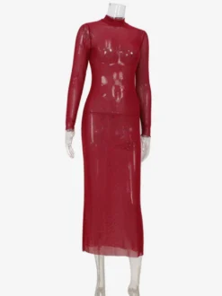 Robe longue en résille strass pour femme - Robe moulante rouge transparente à col montant et manches longues - Tenue de soirée d'été 2026