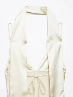 Robe longue en satin blanc crème à col halter pour femme style élégant et formel