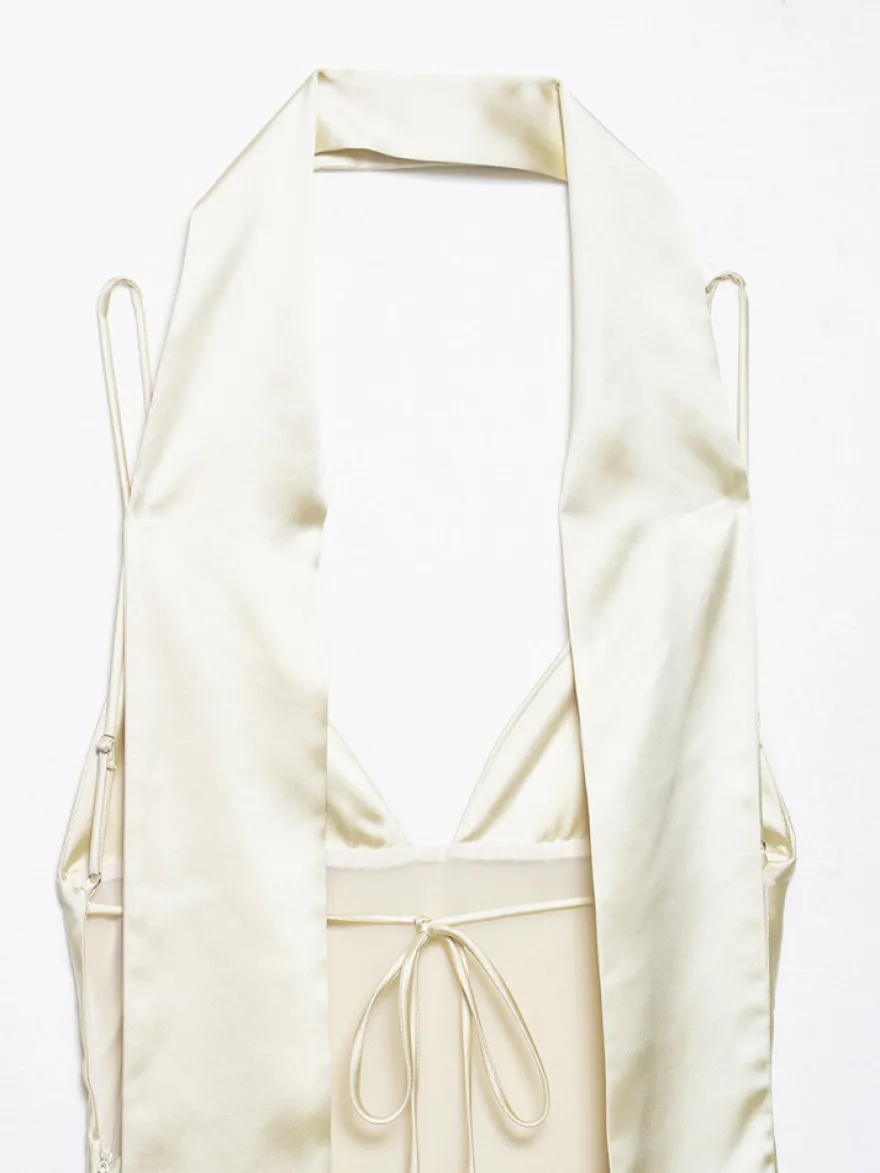 Robe longue en satin blanc crème à col halter pour femme style élégant et formel