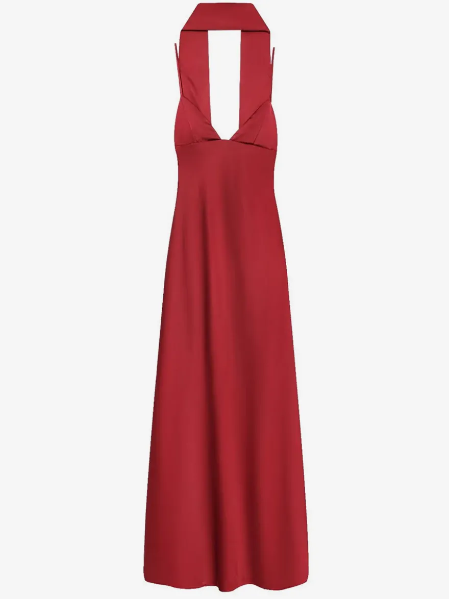 Robe longue en satin blanc crème à col halter pour femme style élégant et formel