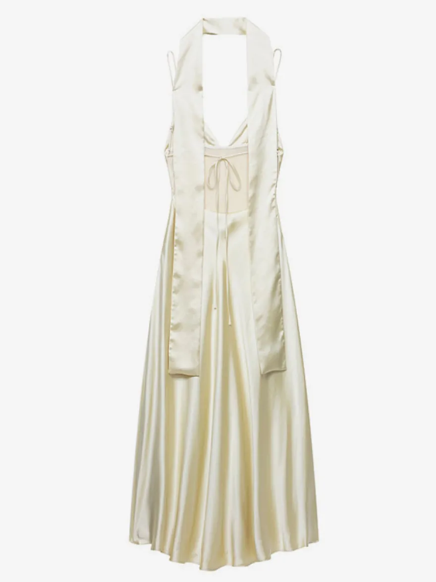 Robe longue en satin blanc crème à col halter pour femme style élégant et formel