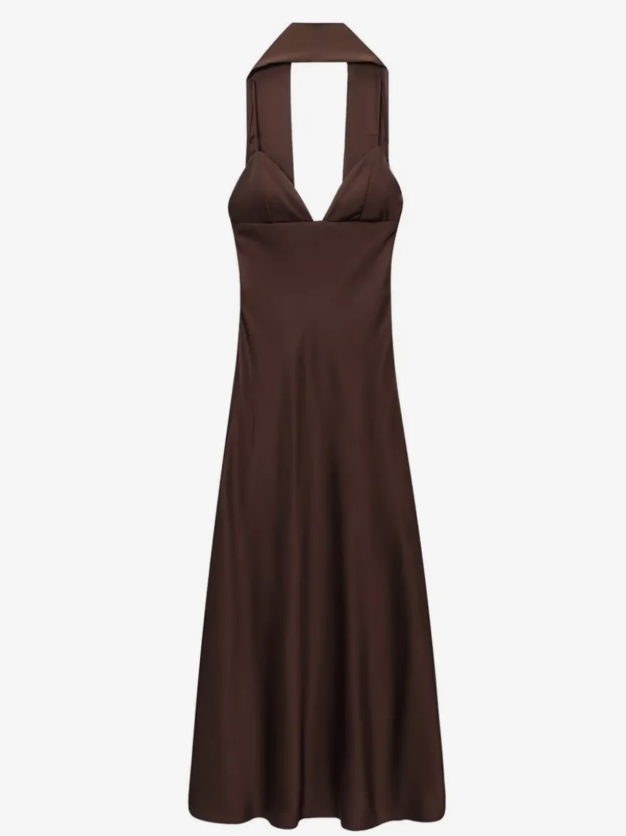 Robe longue en satin blanc crème à col halter pour femme style élégant et formel