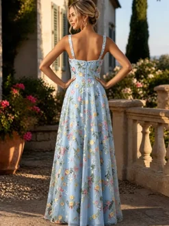 Robe longue en tulle brodée de fleurs bretelles spaghetti carrées coupe trapèze idéale pour une invitée de mariage ou une cérémonie.