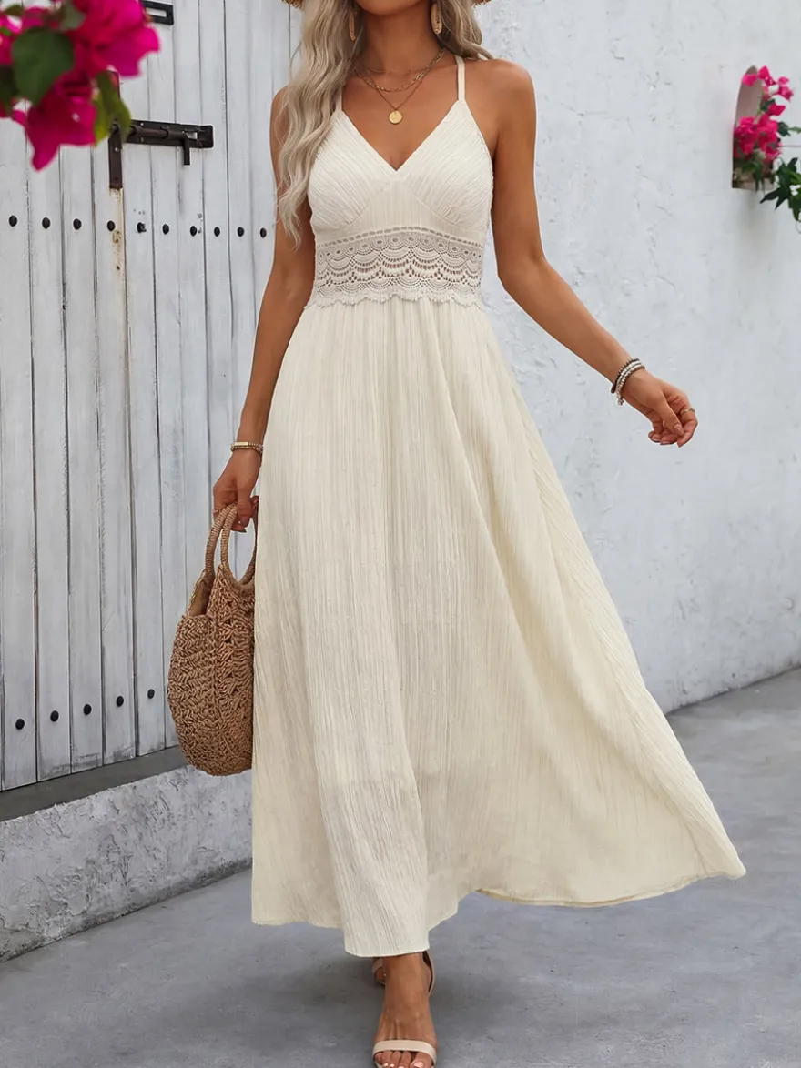 Robe longue fluide d'été pour femme couleur crème avec bretelles spaghetti et taille en dentelle blanche col en V.
