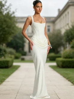 Robe longue maxi corset pour femme fourreau col carré robe de soirée robe d'invitée de mariage