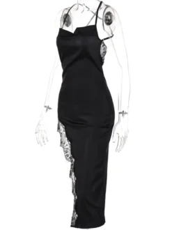 Robe Longue Moulante Femme avec Bretelles à Col Décolleté Coupe Cintrée avec Fente Unicolore