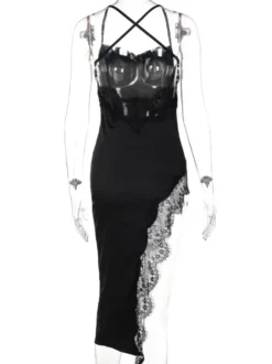 Robe Longue Moulante Femme avec Bretelles à Col Décolleté Coupe Cintrée avec Fente Unicolore