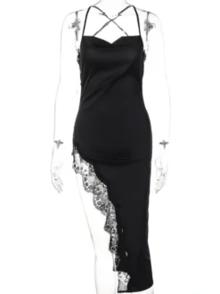 Robe Longue Moulante Femme avec Bretelles à Col Décolleté Coupe Cintrée avec Fente Unicolore