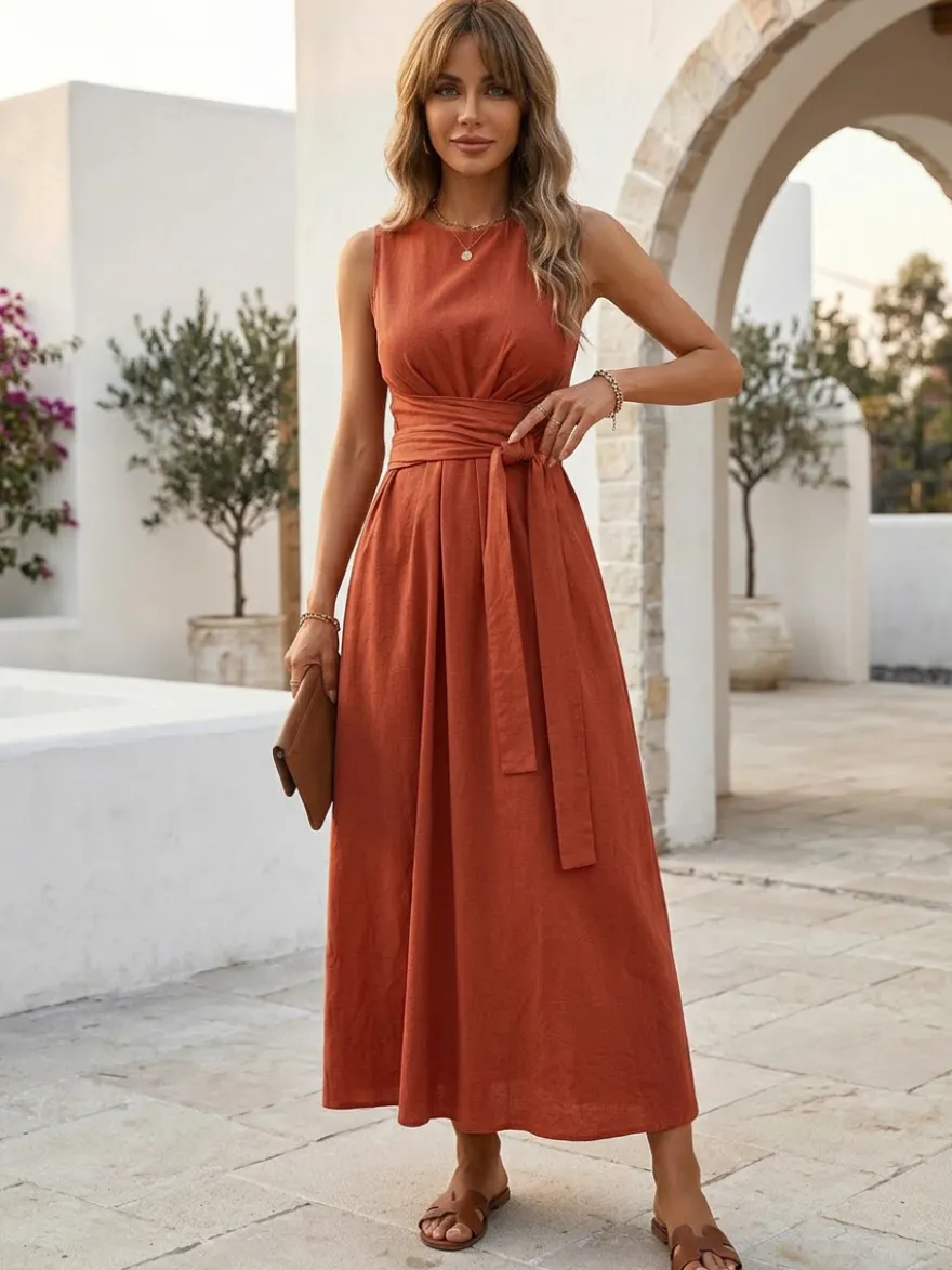 Robe longue sans manches à nouer à la taille pour femme - Robe d'été décontractée unie coupe trapèze avec poches - Vacances d'été à la plage 2026