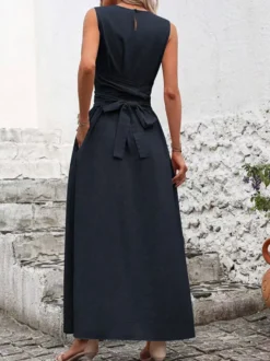 Robe longue sans manches à nouer à la taille pour femme - Robe d'été décontractée unie coupe trapèze avec poches - Vacances d'été à la plage 2026