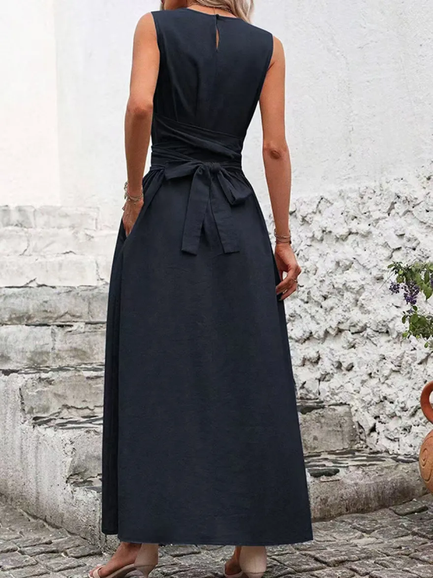 Robe longue sans manches à nouer à la taille pour femme - Robe d'été décontractée unie coupe trapèze avec poches - Vacances d'été à la plage 2026