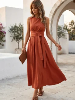 Robe longue sans manches à nouer à la taille pour femme - Robe d'été décontractée unie coupe trapèze avec poches - Vacances d'été à la plage 2026