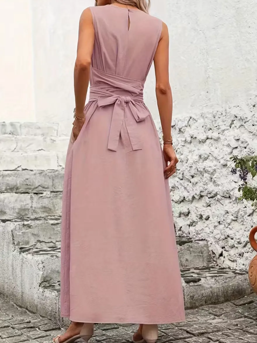 Robe longue sans manches à nouer à la taille pour femme - Robe d'été décontractée unie coupe trapèze avec poches - Vacances d'été à la plage 2026