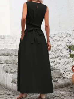 Robe longue sans manches à nouer à la taille pour femme - Robe d'été décontractée unie coupe trapèze avec poches - Vacances d'été à la plage 2026
