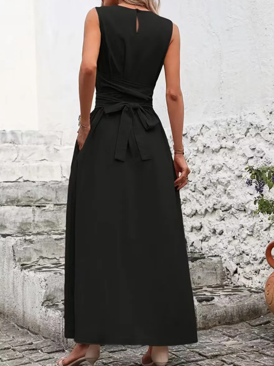Robe longue sans manches à nouer à la taille pour femme - Robe d'été décontractée unie coupe trapèze avec poches - Vacances d'été à la plage 2026