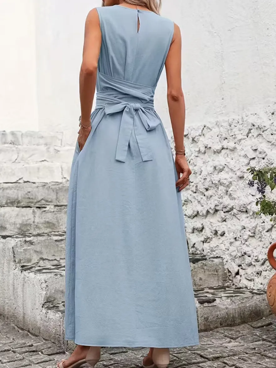 Robe longue sans manches à nouer à la taille pour femme - Robe d'été décontractée unie coupe trapèze avec poches - Vacances d'été à la plage 2026
