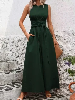 Robe longue sans manches à nouer à la taille pour femme - Robe d'été décontractée unie coupe trapèze avec poches - Vacances d'été à la plage 2026