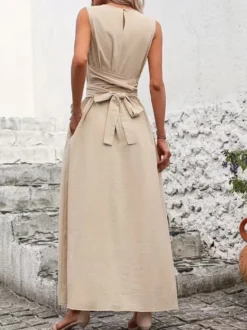 Robe longue sans manches à nouer à la taille pour femme - Robe d'été décontractée unie coupe trapèze avec poches - Vacances d'été à la plage 2026