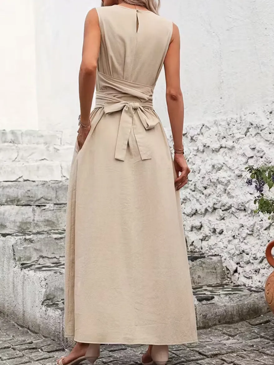 Robe longue sans manches à nouer à la taille pour femme - Robe d'été décontractée unie coupe trapèze avec poches - Vacances d'été à la plage 2026