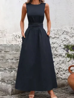 Robe longue sans manches à nouer à la taille pour femme - Robe d'été décontractée unie coupe trapèze avec poches - Vacances d'été à la plage 2026