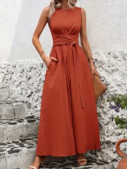 Robe longue sans manches à nouer à la taille pour femme - Robe d'été décontractée unie coupe trapèze avec poches - Vacances d'été à la plage 2026