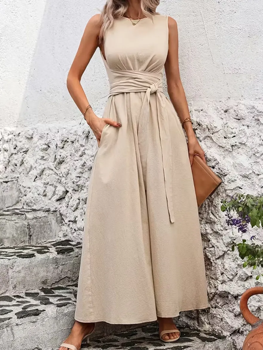 Robe longue sans manches à nouer à la taille pour femme - Robe d'été décontractée unie coupe trapèze avec poches - Vacances d'été à la plage 2026