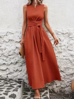 Robe longue sans manches à nouer à la taille pour femme - Robe d'été décontractée unie coupe trapèze avec poches - Vacances d'été à la plage 2026