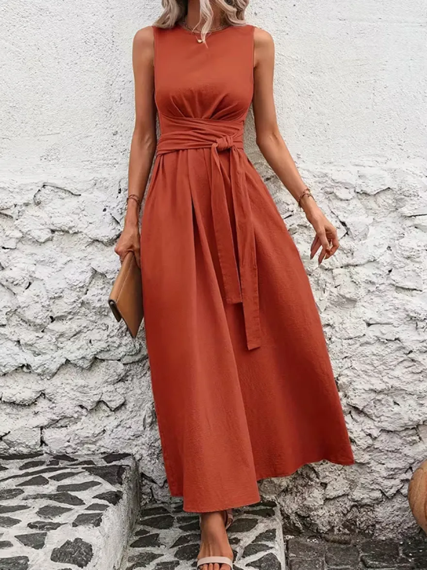 Robe longue sans manches à nouer à la taille pour femme - Robe d'été décontractée unie coupe trapèze avec poches - Vacances d'été à la plage 2026