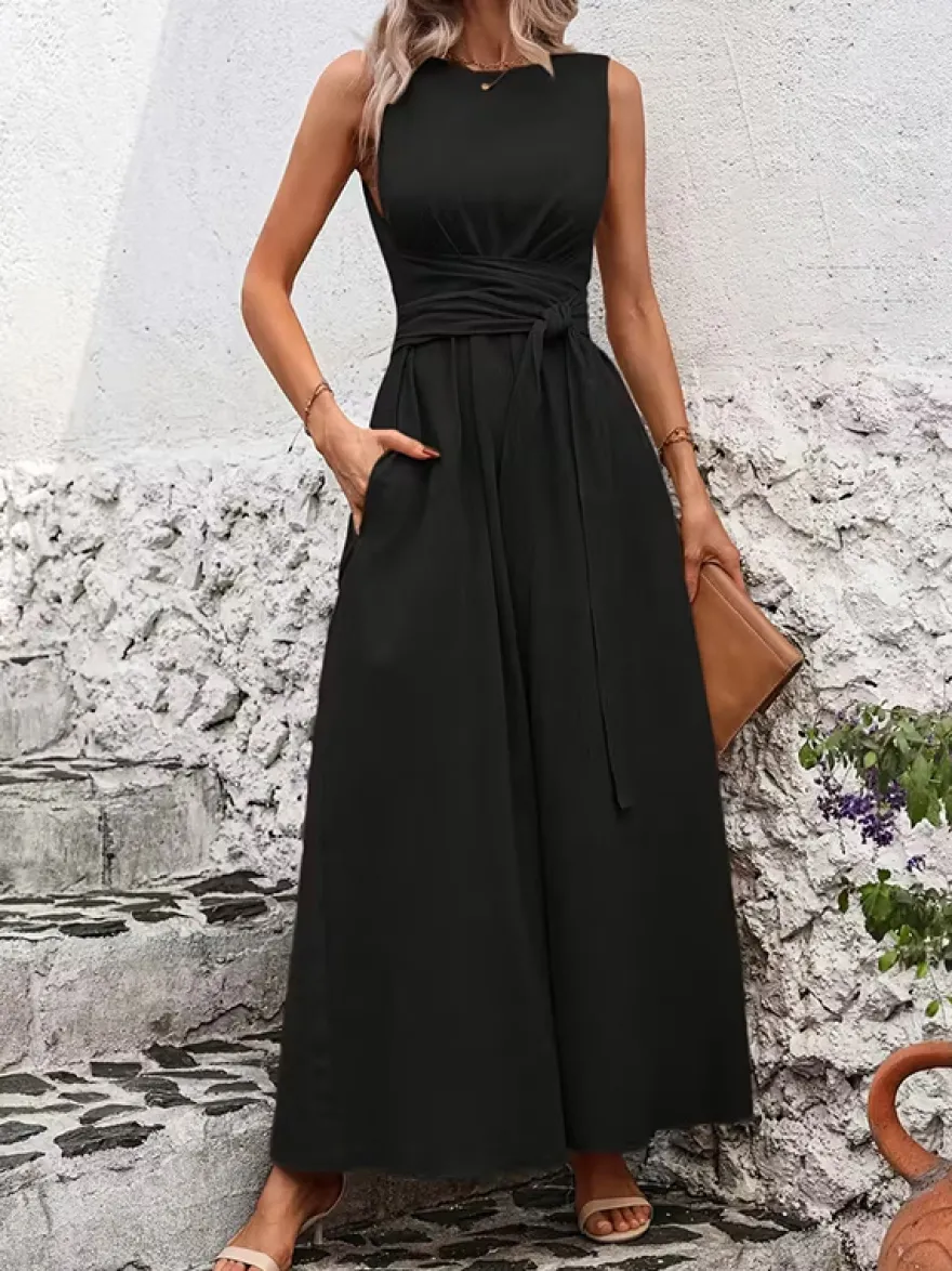 Robe longue sans manches à nouer à la taille pour femme - Robe d'été décontractée unie coupe trapèze avec poches - Vacances d'été à la plage 2026