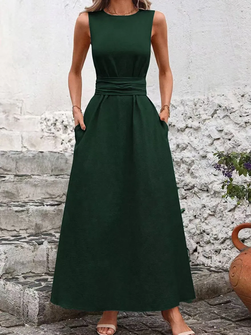 Robe longue sans manches à nouer à la taille pour femme - Robe d'été décontractée unie coupe trapèze avec poches - Vacances d'été à la plage 2026