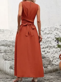 Robe longue sans manches à nouer à la taille pour femme - Robe d'été décontractée unie coupe trapèze avec poches - Vacances d'été à la plage 2026