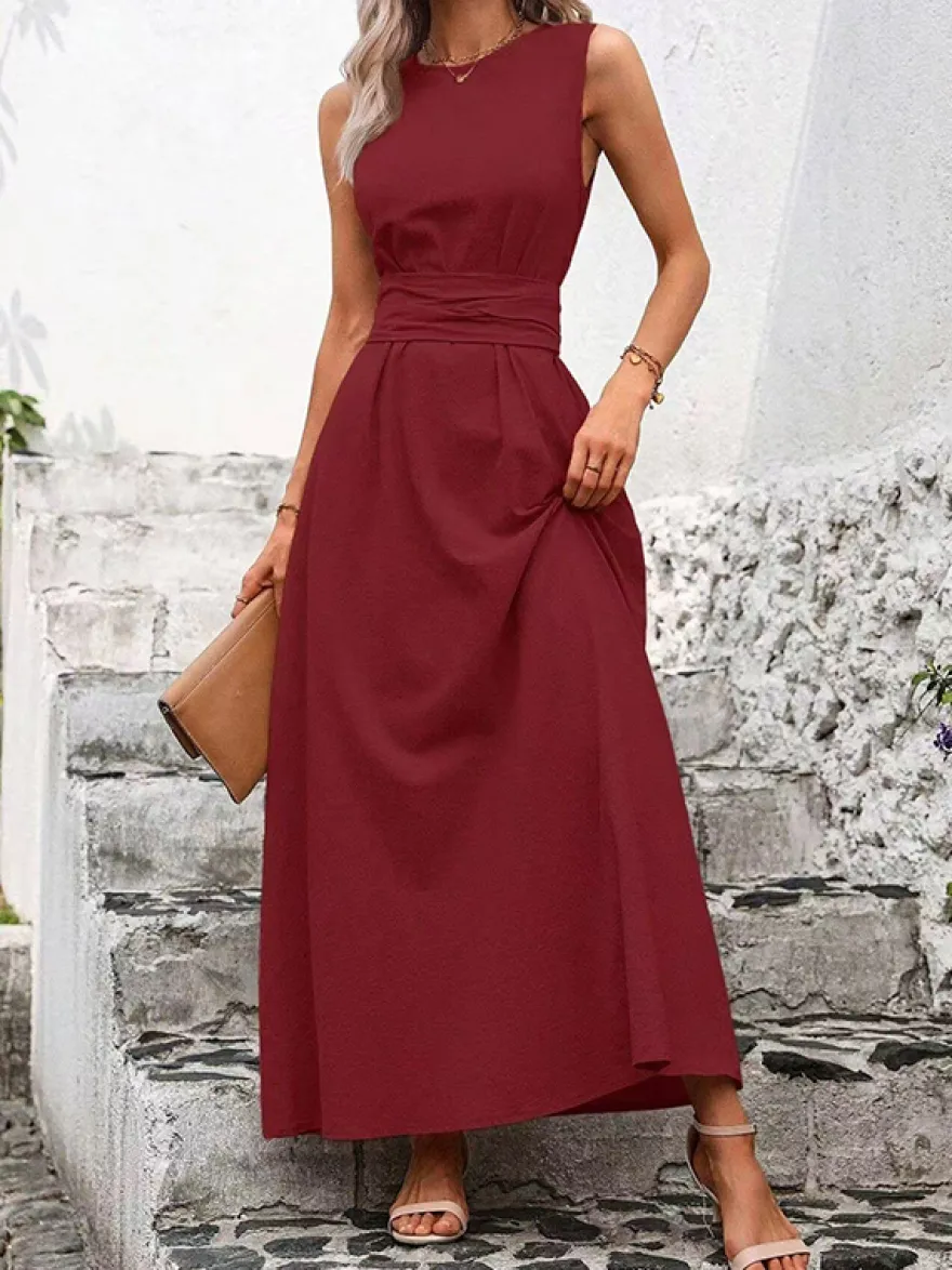 Robe longue sans manches à nouer à la taille pour femme - Robe d'été décontractée unie coupe trapèze avec poches - Vacances d'été à la plage 2026